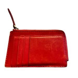 Madewell Red Pink Coral leather card wallet zip around coin pocket gold hardware